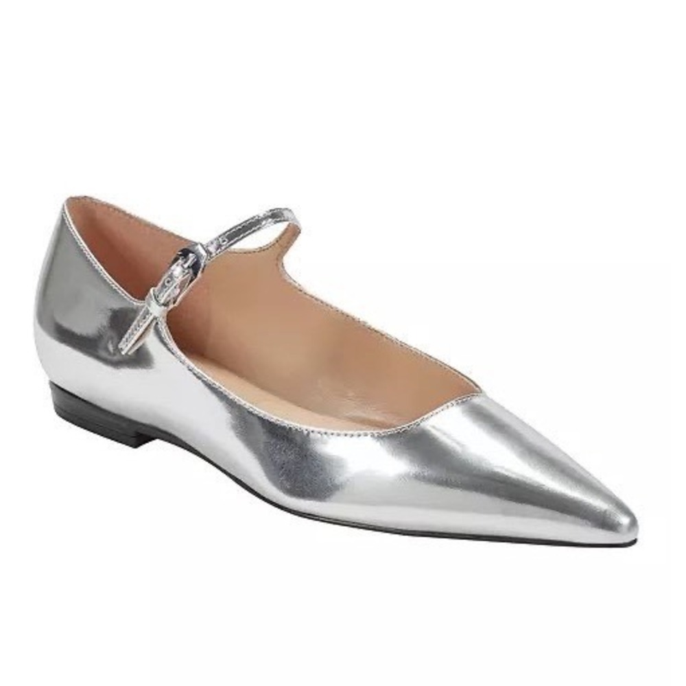 Marc Fisher Women's Trella Pointy Toe Mary Jane Flats in Silver Size 6.5